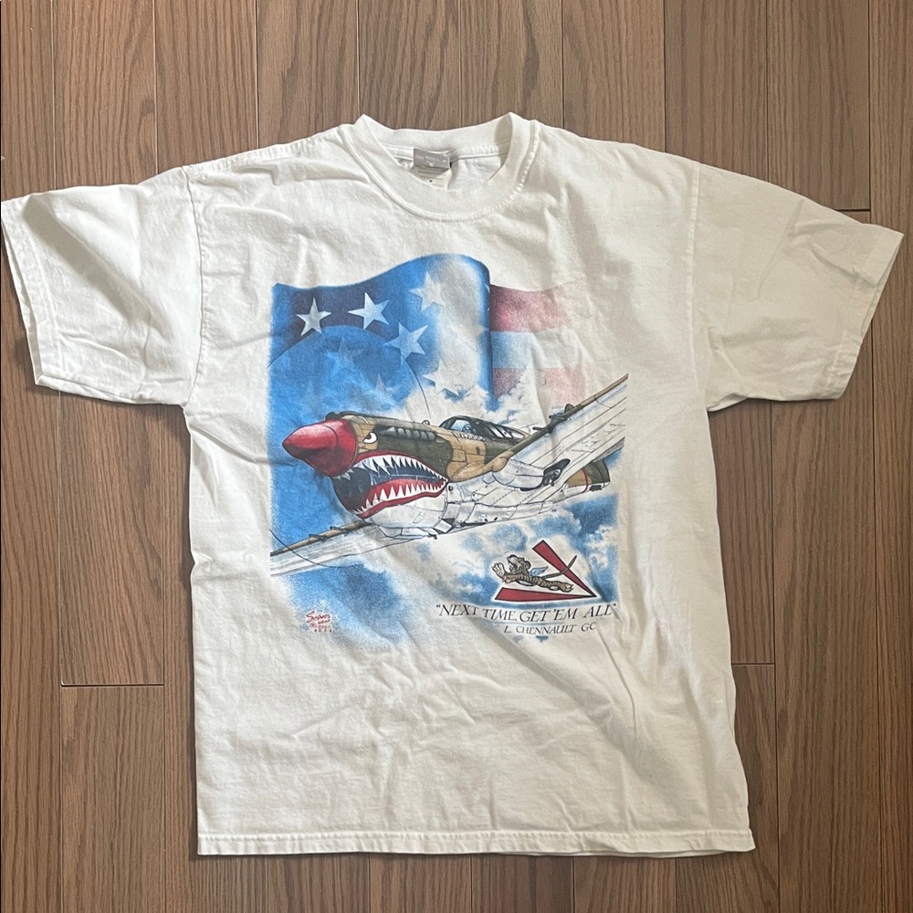 White Graphic Short Sleeve Tee with Fighter Plane Print
